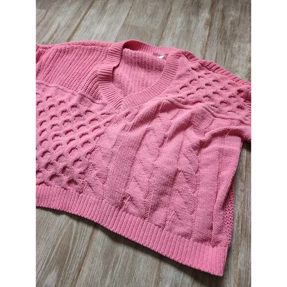 No Boundaries Patchwork Chunky Knit Sweater V Neck Pink Long Sleeve Jrs 3XL GUC - Picture 2 of 8